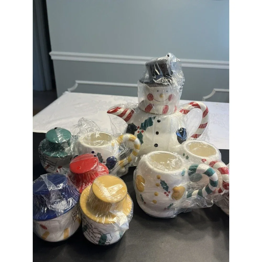 Temptations 5-Piece Snowman Entertaining Tea Set NIB. 48oz Teapot & 4 12oz Mugs